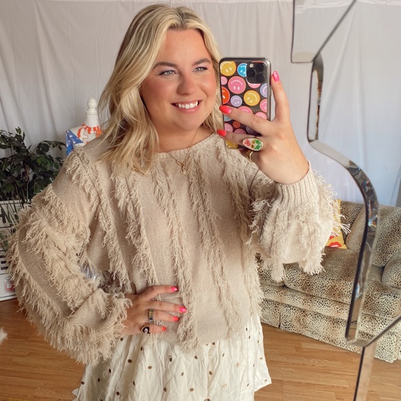 Chaser Sweaters - chaser tan beige fringle slouchy sweater